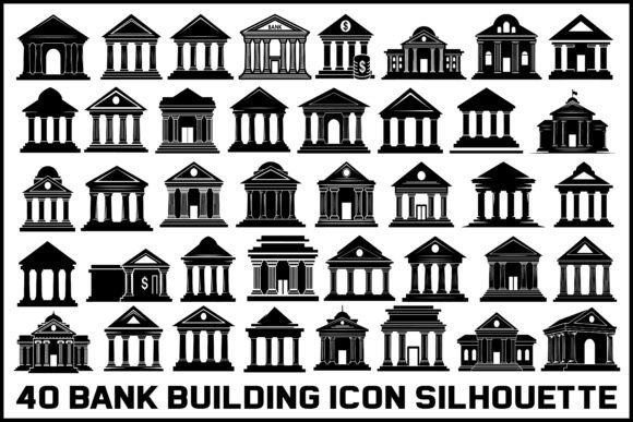 40 Bank Building Icon Silhouette Bundle: Premium Graphics for Local Branding