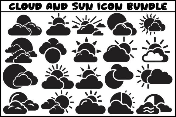 Cloud and Sun Icon Bundle Black Silhouet Graphics