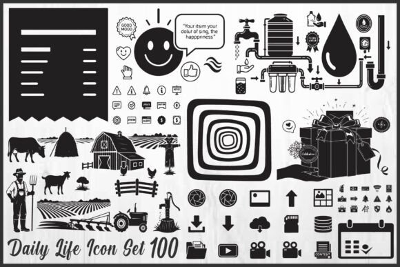 Daily Life Black Icon Set: Essential Graphics for Icons