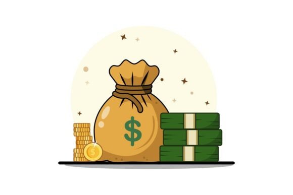 Money Bag with Coins and Stack of Dollar Graphics and Icons