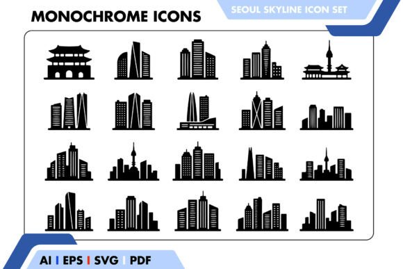 Seoul Skyline Icon Set Black White: Essential Graphics for Icons